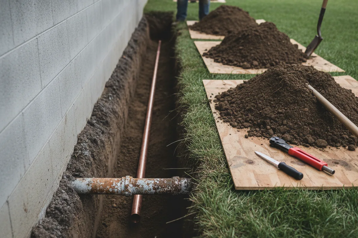 Excavated water line trench during Water Heater Repair in Mascot